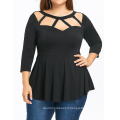 Gray Hollow Out O-neck 3/4Sleeve Peplum Plus Size Women Casual Blouses